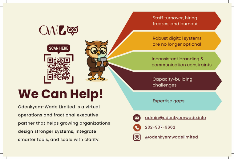Back of the OWL postcard: We Can Help! with five challenge arrows, a QR code and contact details