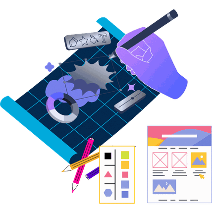 Illustration: a design canvas with vector tools, a colour palette and page wireframes