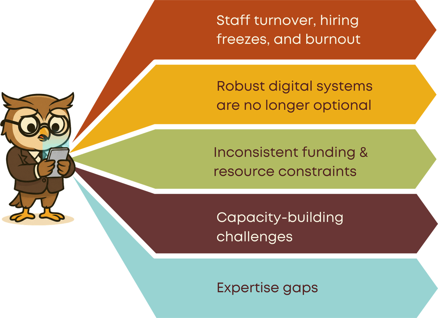 Five recurring pressures: staff turnover, hiring freezes and burnout; robust digital systems are no longer optional; inconsistent funding and resource constraints; capacity-building challenges; expertise gaps