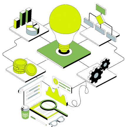 Illustration: a hub wiring reporting, budget, process and research together
