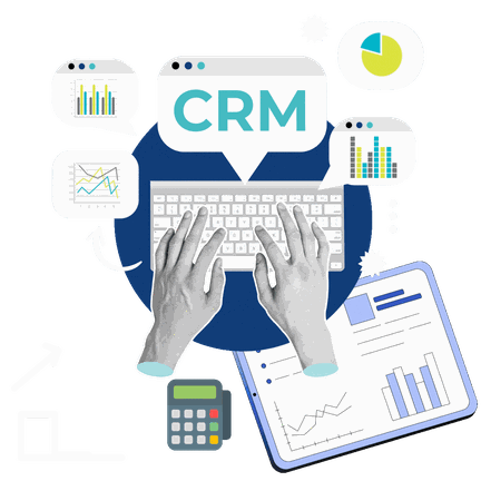 Illustration: a CRM at the centre of connected reporting dashboards