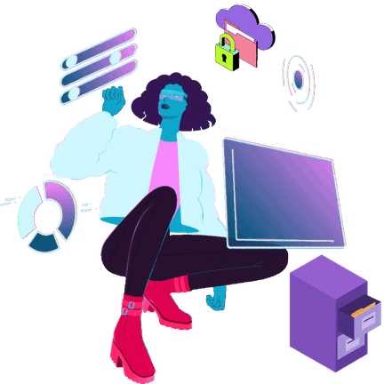 Illustration: a remote operator working across dashboards, secure cloud storage and a filing system