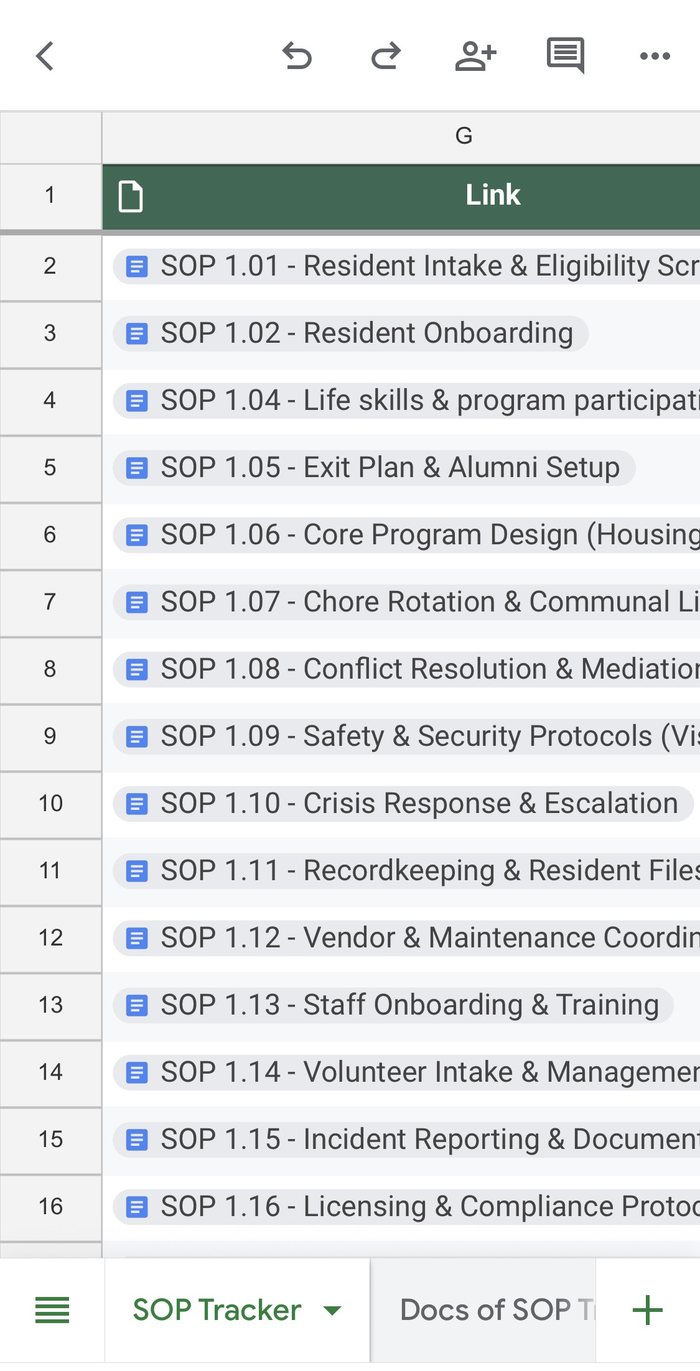 SOP tracker on mobile — the linked index of all 20 SOPs